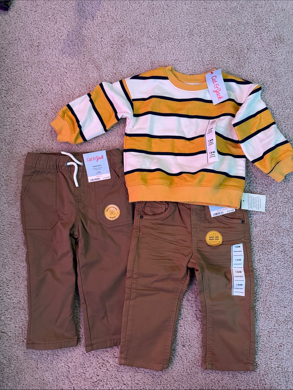 NWT- Cat & Jack Yellow Stripe Pullover with 2 khaki Carters Pants 18M